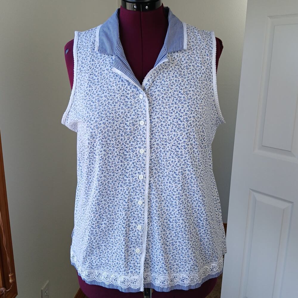 Celestial Dreams Blue Floral Gingham Tank Top XL REPAIRED cottage lace comfy